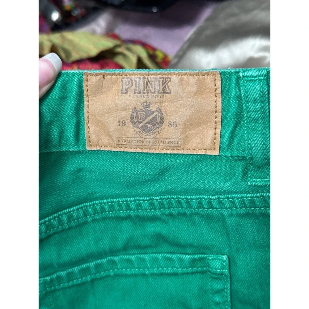 PINK Victoria's Secret Green Denim Y2K Cutoff Mini Shorts Raw Hem Preppy Summer